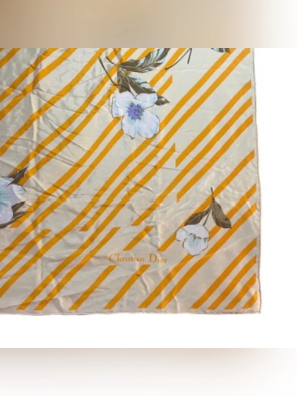 Vintage Christian Dior Silk Scarf 70s Floral Stripe Gold Hand Rolled 27 Inch